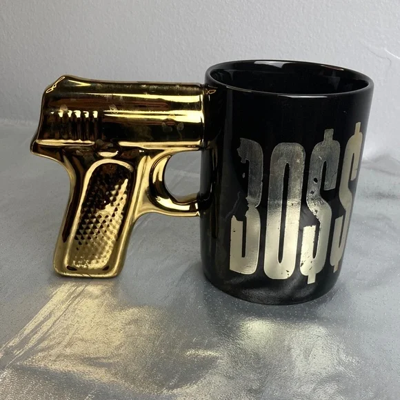 Gold and Black Boss Mug with Gun Handle - Picture 2 of 6